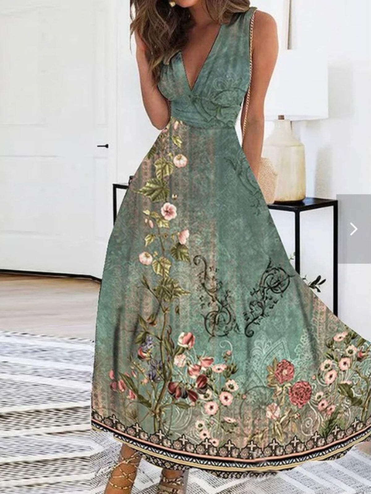 Floral Print Plunging Sleeveless Midi Dress - Women's Casual High Waist Clothing