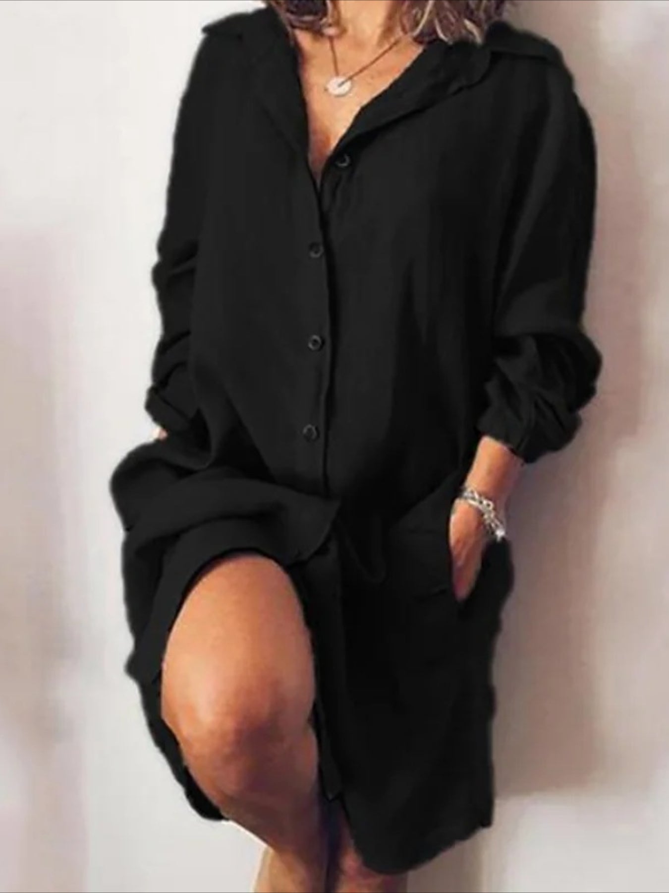 Button Front Solid Shirt Dress, Casual Long Sleeve Long Length Dress