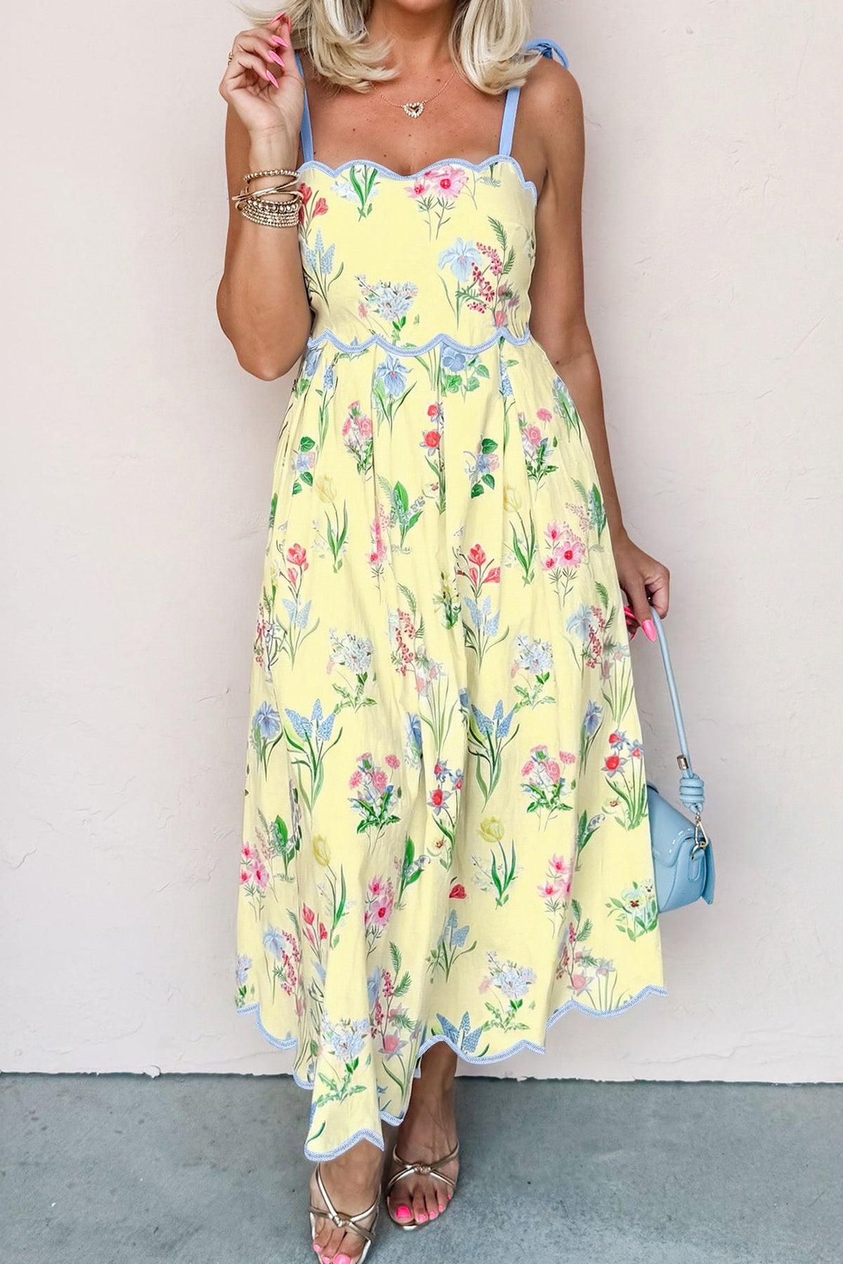 Yellow Floral Print Contrast Trim Self-tie Straps High Waist Midi Dress