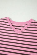 Rose Stripe Striped V-Neck Ribbed Collar Cuff Gathering Puff Sleeve Top
