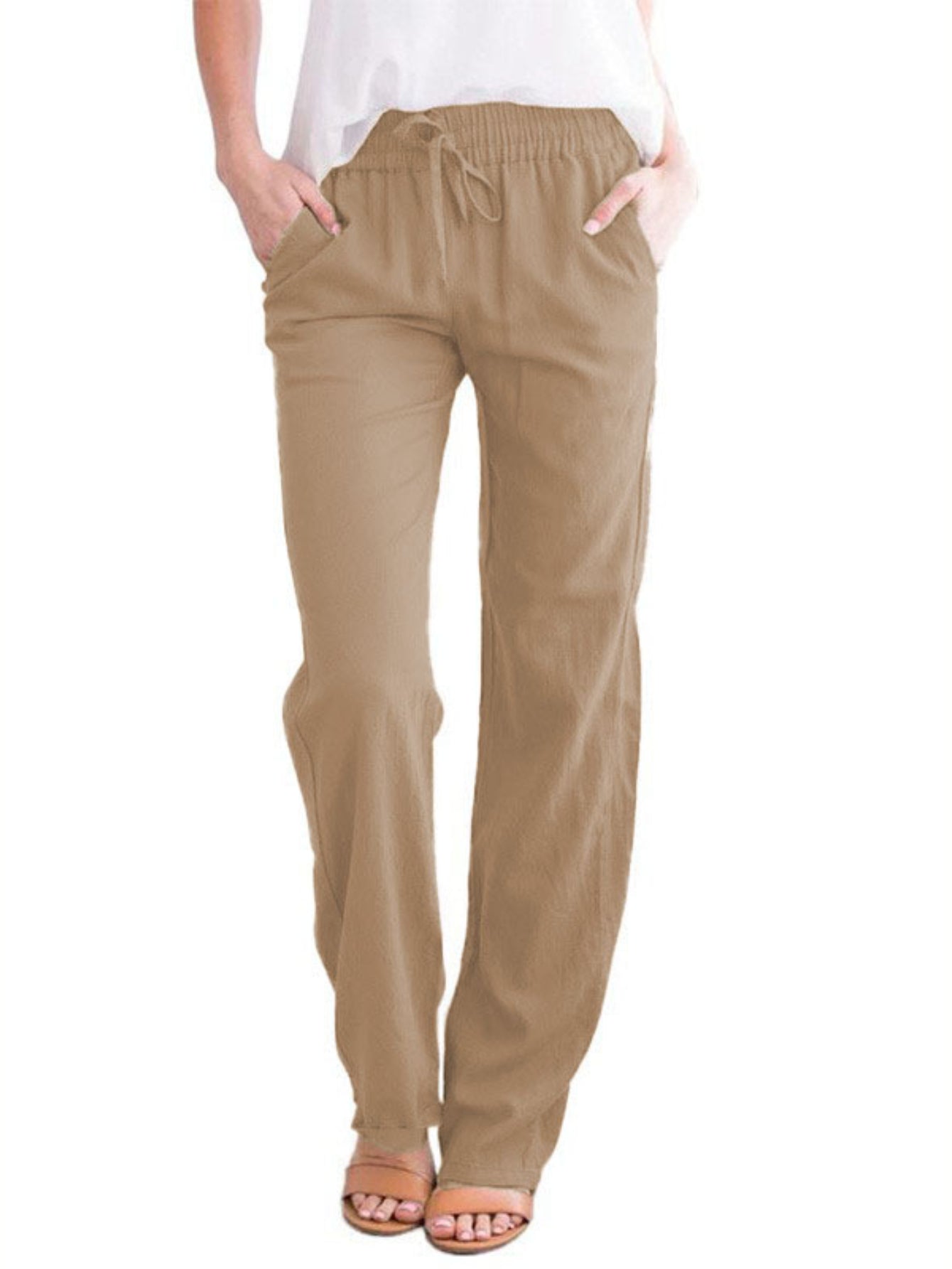 Women's Loose Fit Wide-Leg Trousers - Casual Solid Color Drawstring Design Fashion Pants