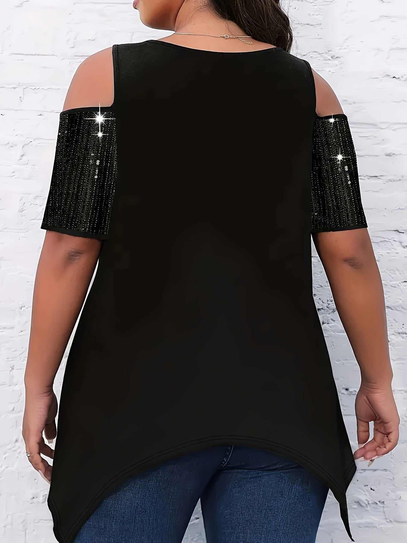 Casual Blouse, Women's Plain Rhinestone Cut Out Cold Shoulder Asymmetrical Hem Blouse