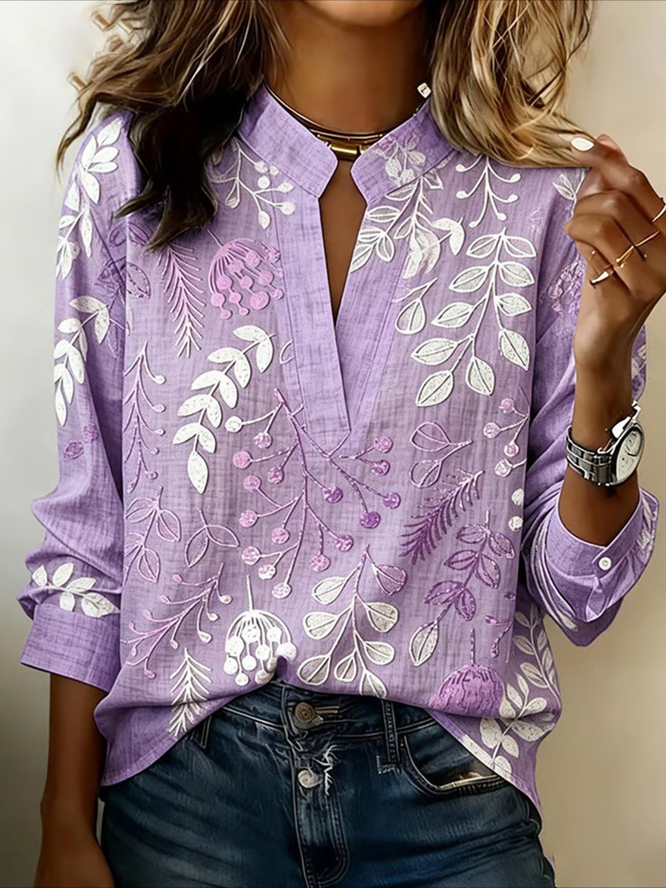 Vintage Floral Prints Stand Collar Casual Long Sleeve Blouse Shirt