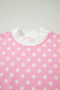 Pink Polka Dot Print Color Block Trim Mock Neck Short Set