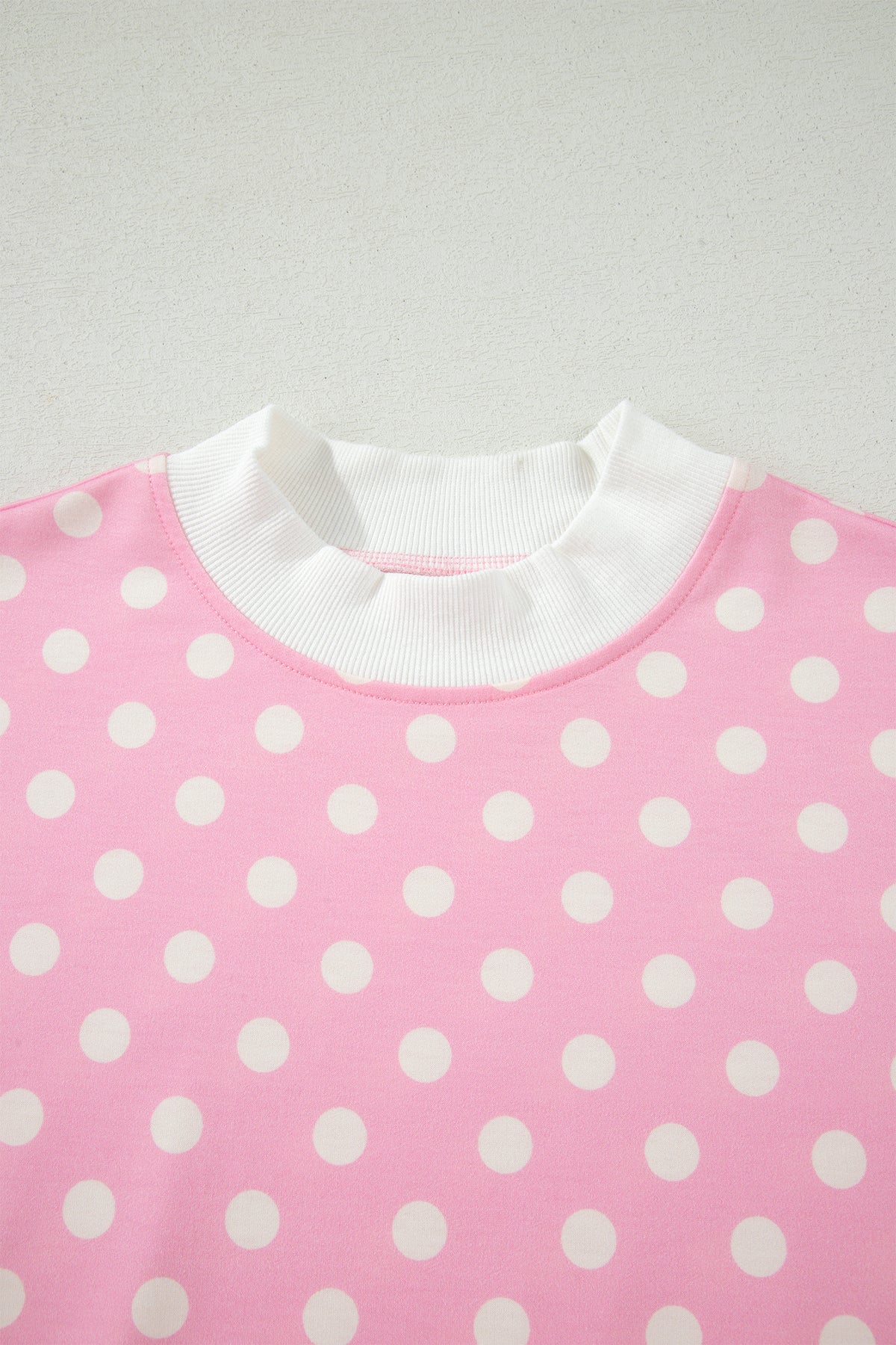 Pink Polka Dot Print Color Block Trim Mock Neck Short Set