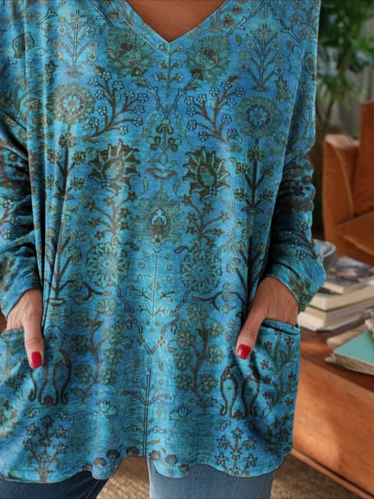 Long Sleeve Spring/Fall Floral Printing V Neck Daily Going Out Vintage Top