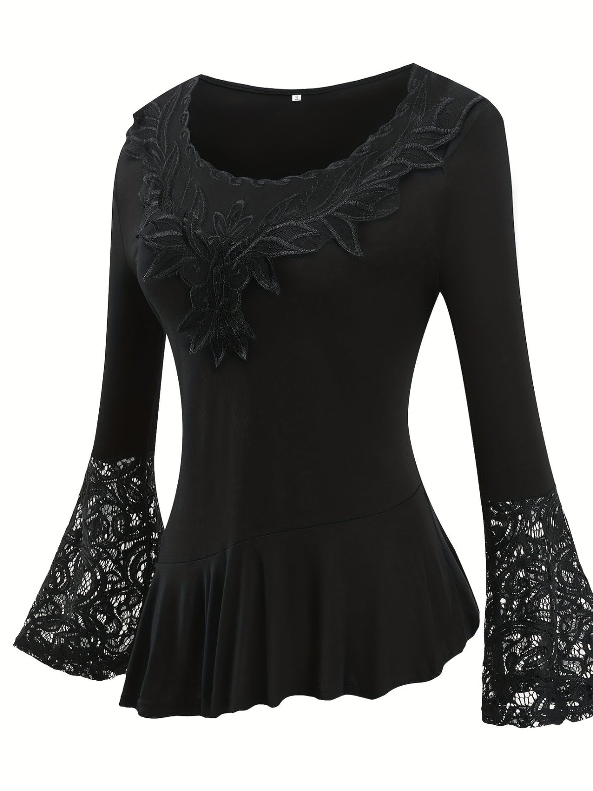 Contrast Lace Ruffle Hem Crew Neck T-Shirt, Casual Long Sleeve Top