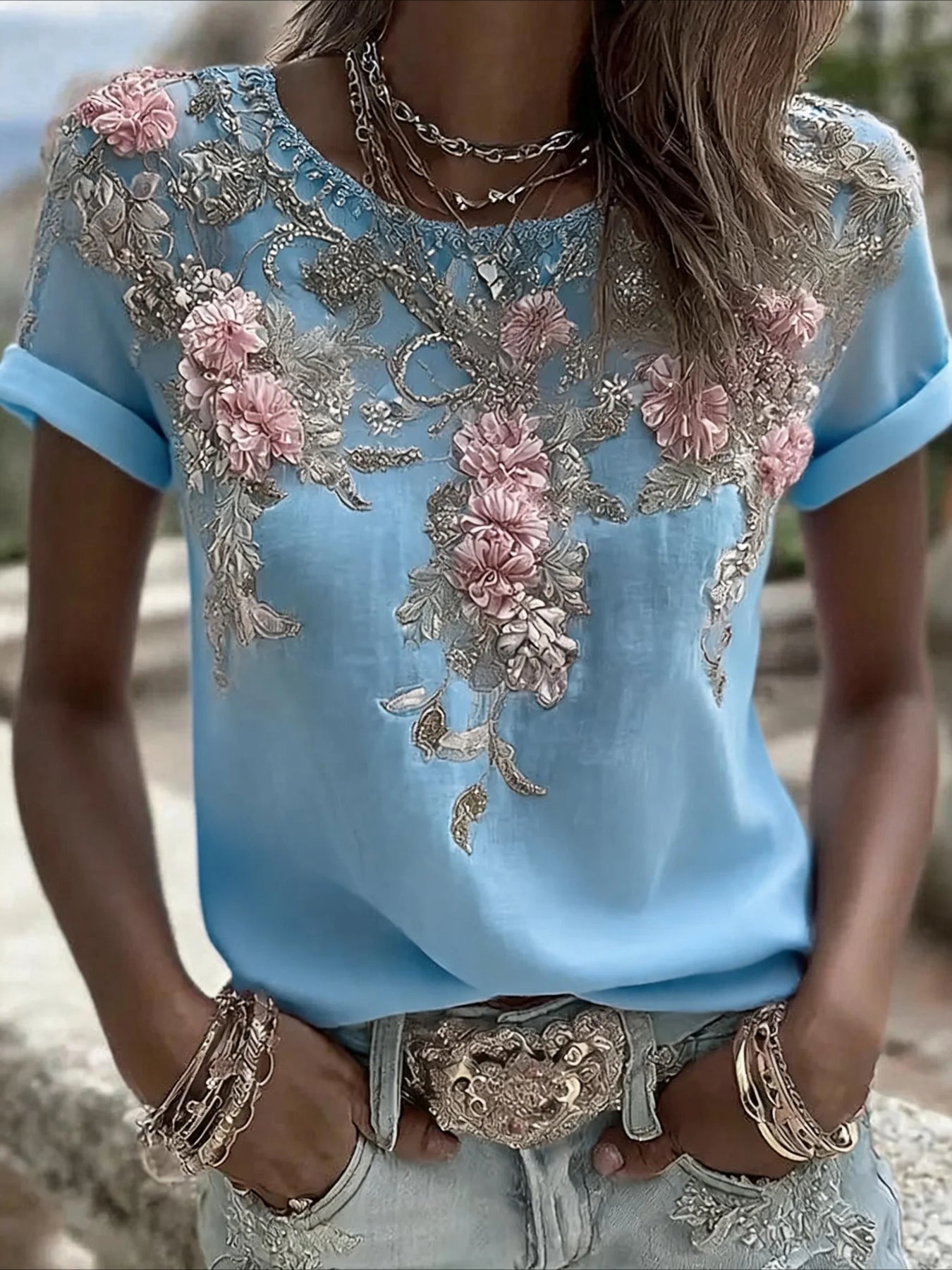 Floral Print Short Sleeve Crew Neck Top with Patchwork Blouse Style