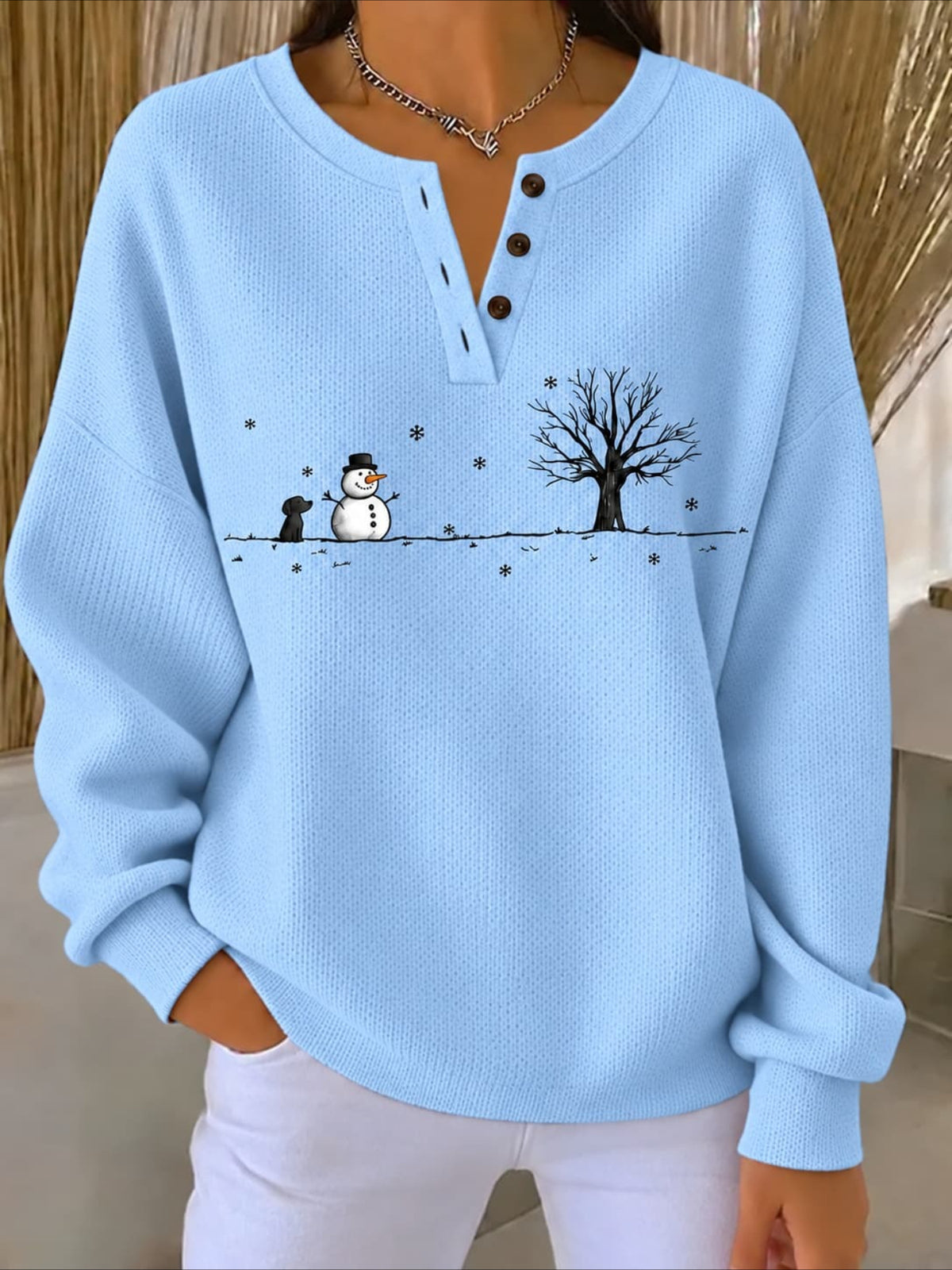 Winter Snowman Puppy Print Crew Neck Button Long Sleeve Top