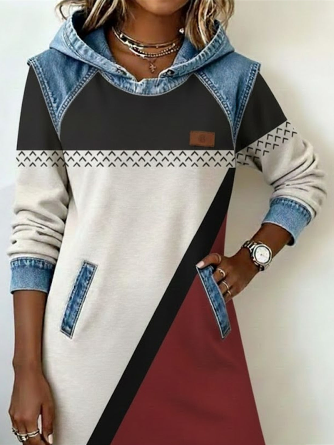 Denim Patchwork Abstract Long Sleeve Hoodie Printing Daily Vintage H-Line Spring/Fall Midi Dress