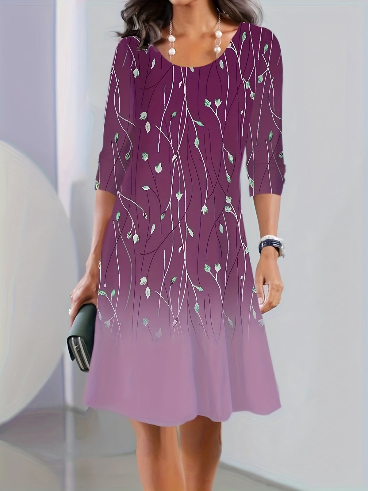 Graphic Print Long Sleeve Dress, Casual Crew Neck Midi Dress