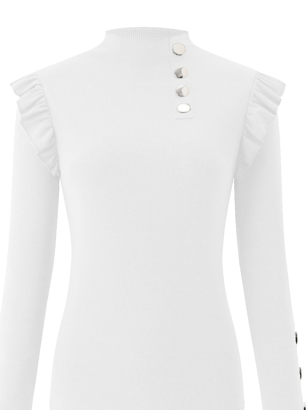 Solid Mock Neck Ruffle Trim Tee, Elegant Long Sleeve Slim T-shirt