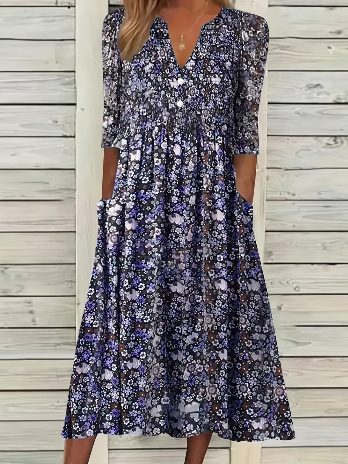Ditsy Floral Print V Neck Dress, Casual Ruched Summer Dress With Pockets