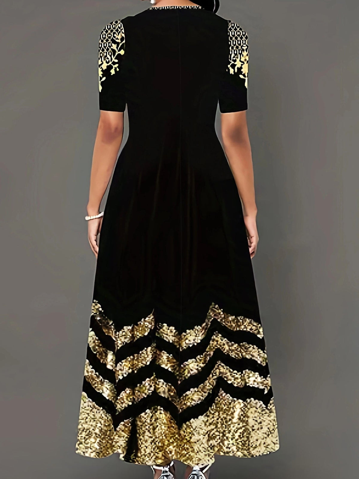 Vintage Tribal Print Crew Neck Pocket Dress, Women's Short Sleeve Wave Stripe Print Dress