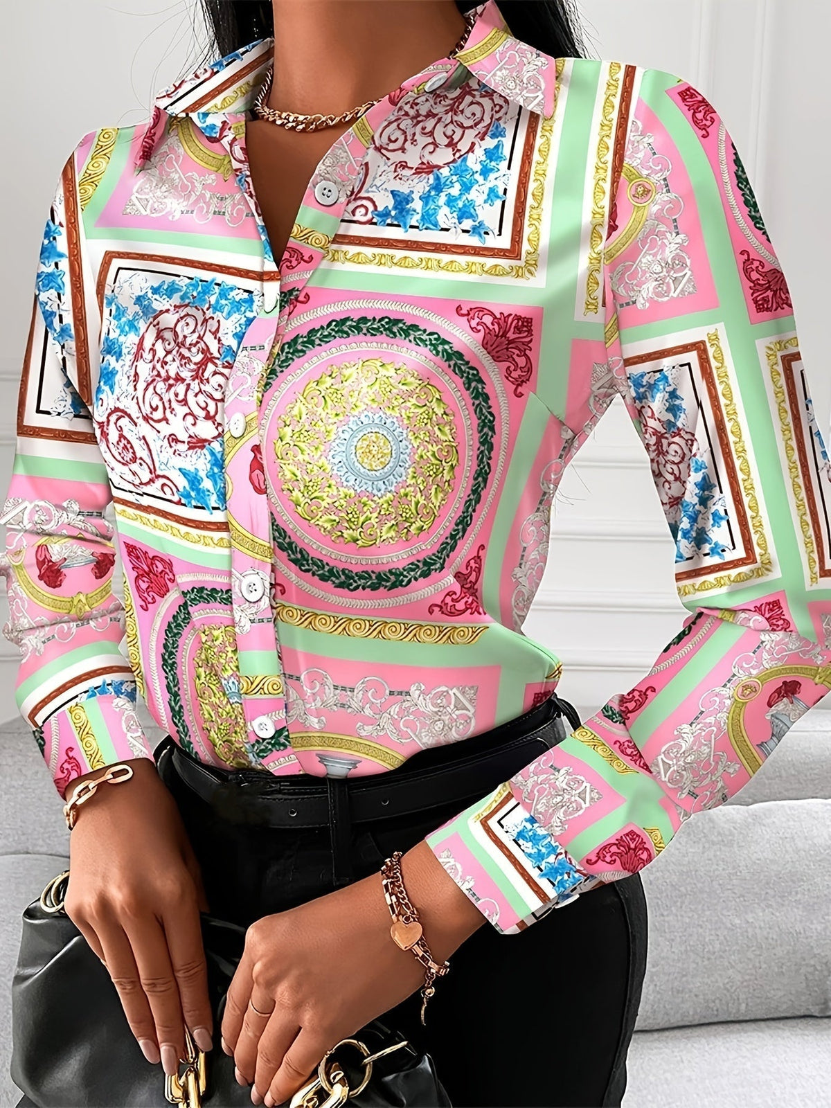 Women's Blouse V-neck Print Button Long Sleeve Loose Fall Blouse