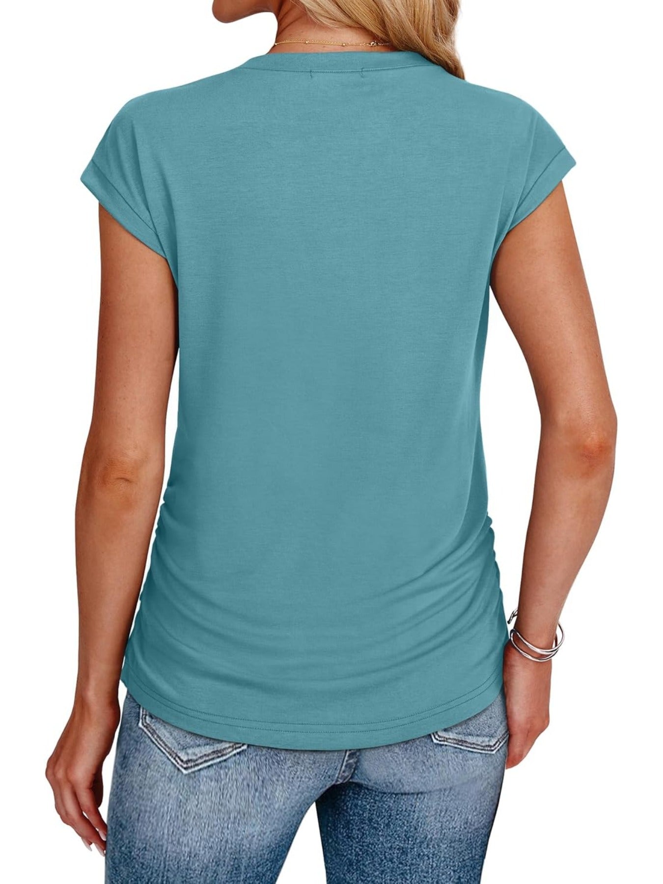 Solid Color Crew Neck Ruched Cap Short Sleeve T Shirts