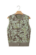 Green Camo Print Button Front Loose Sweater Vest