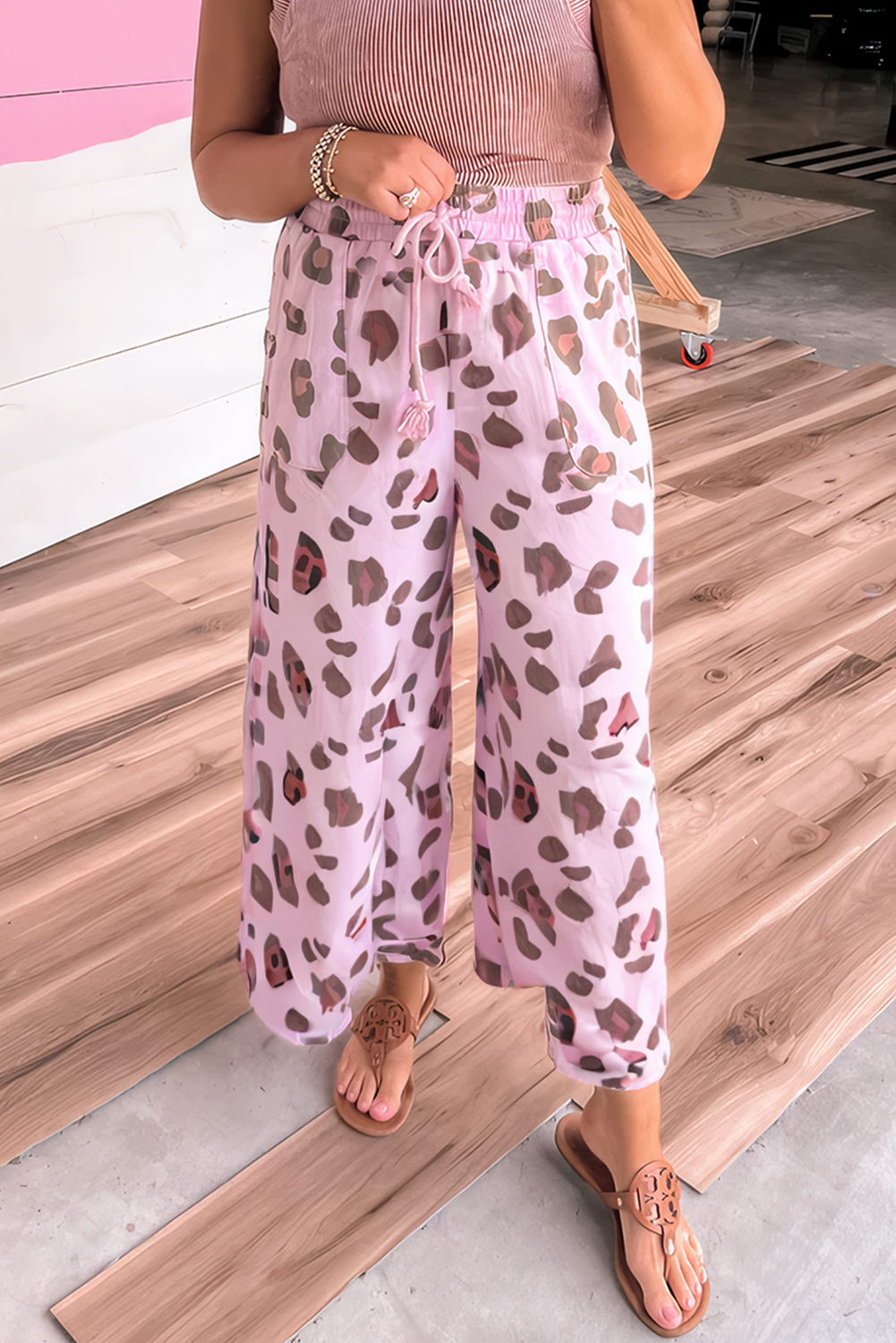 Pink Drawstring Leopard Print Patch Pocket Loose Pants