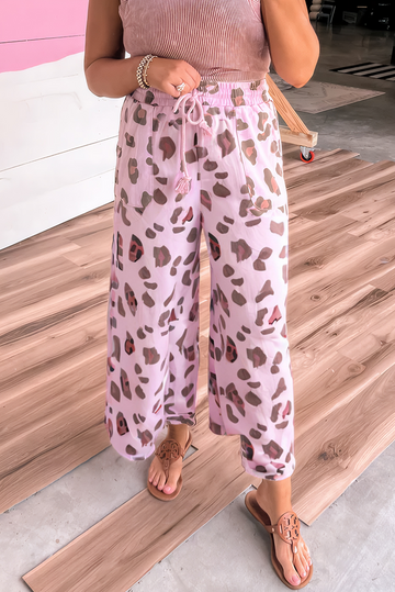 Pink Drawstring Leopard Print Patch Pocket Loose Pants