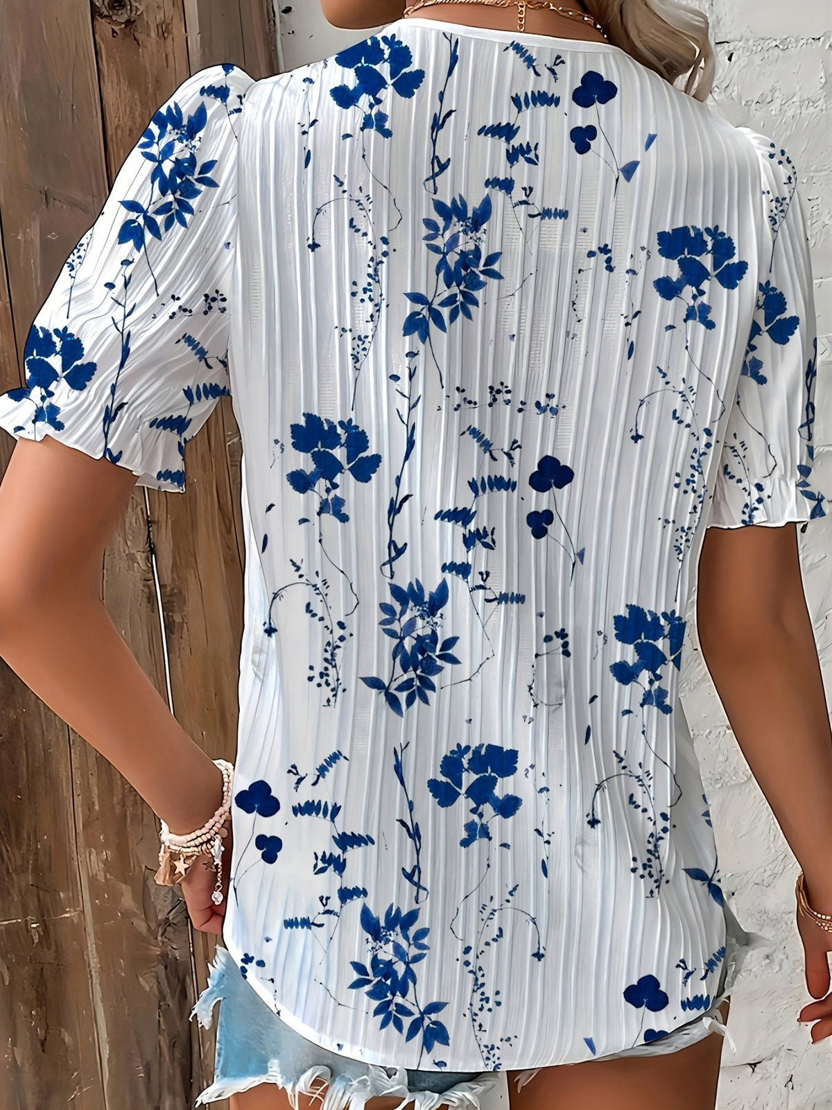 Floral Print Lace Trim Blouse, Vacation Striped V Neck Short Sleeve Blouse