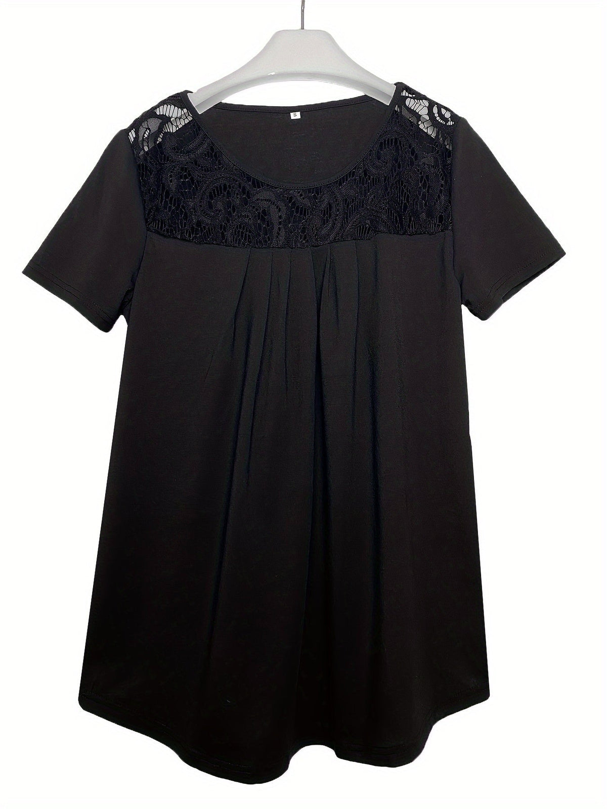 Women's Contrast Lace Ruched T-Shirt - Casual Short Sleeve Top