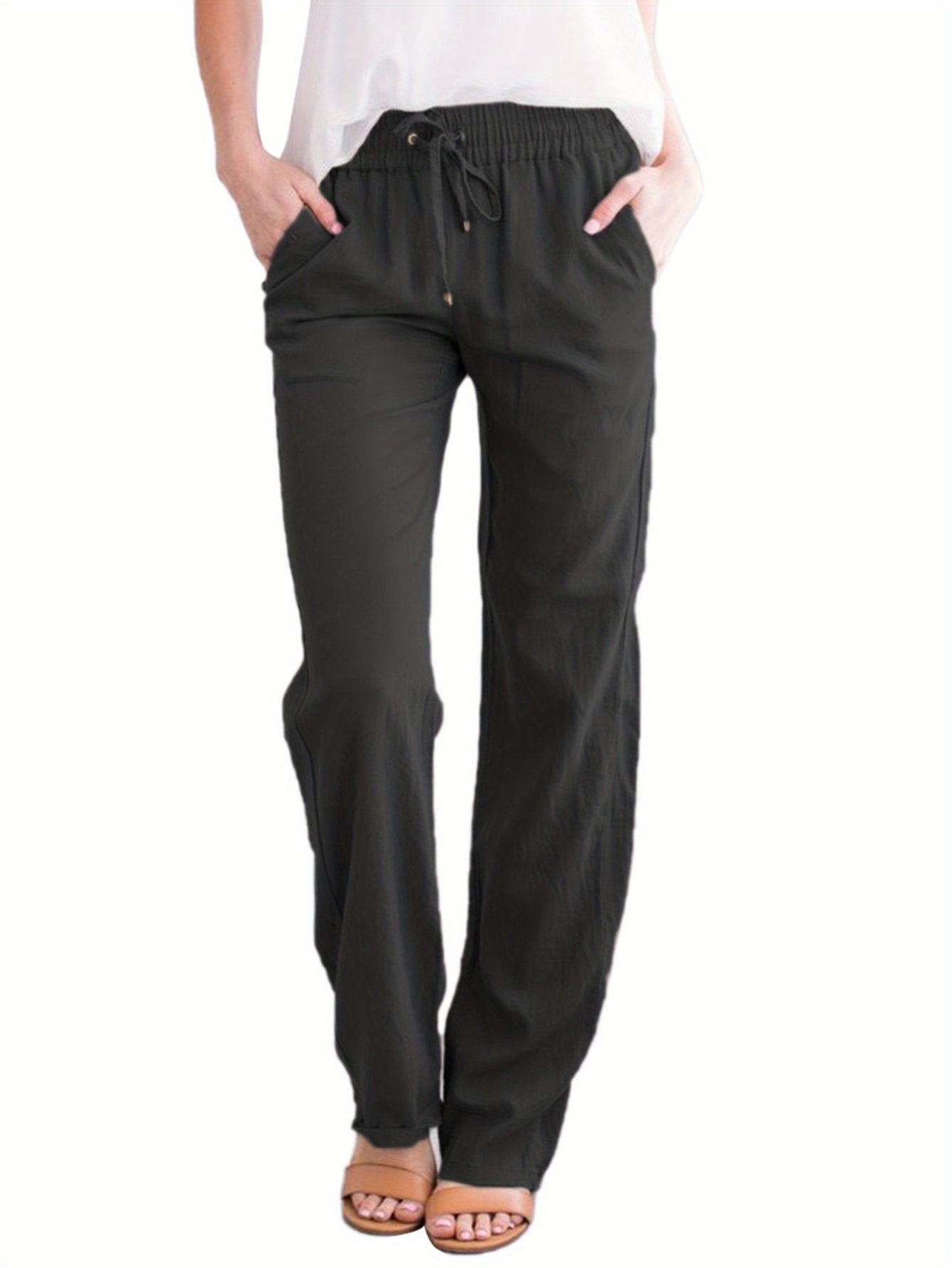 Women's Loose Fit Wide-Leg Trousers - Casual Solid Color Drawstring Design Fashion Pants