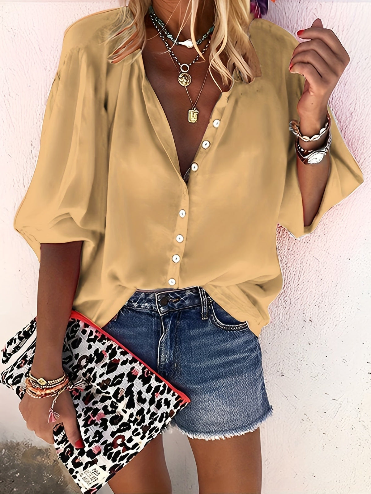 Solid Button Front Blouse, Casual Stand Collar Long Sleeve Blouse