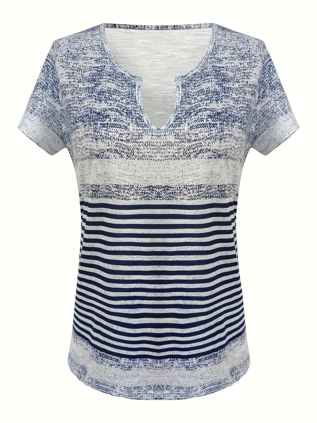 Elegant Striped V-Neck Short Sleeve White & Gray Geometric Pattern T-Shirt