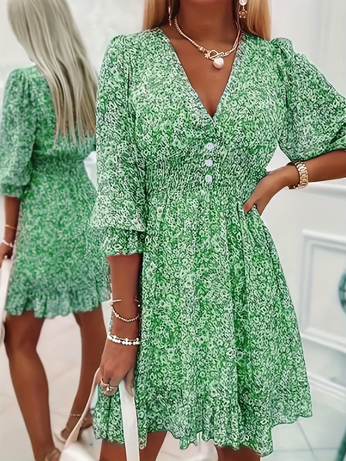 Ditsy Floral Print Dress, Casual V Neck Layered Ruffle Trim Dress With Buttons