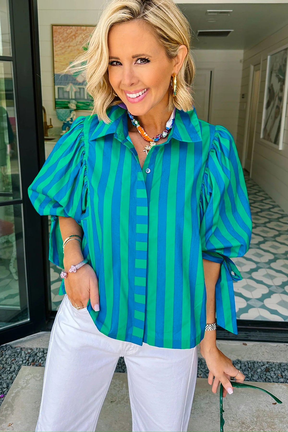 Blue Stripe Tie Puff Sleeve Womens Button Down Shirt
