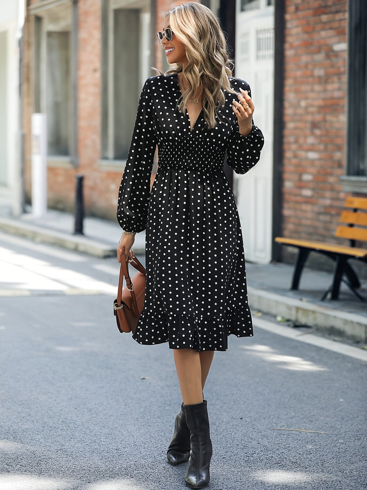 Retro V-neck Ruffle Dress, Polka Dot Print Long Sleeve Waist Loose Summer Dresses