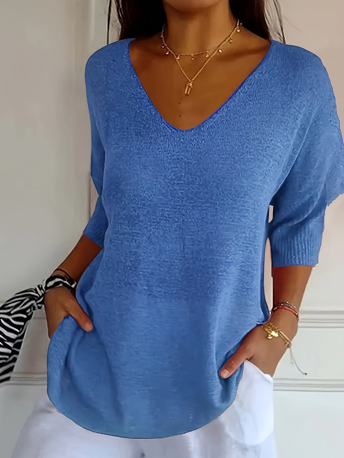 Cozy V Neck Pullover Three-Quarter Sleeve Knitted Sweater