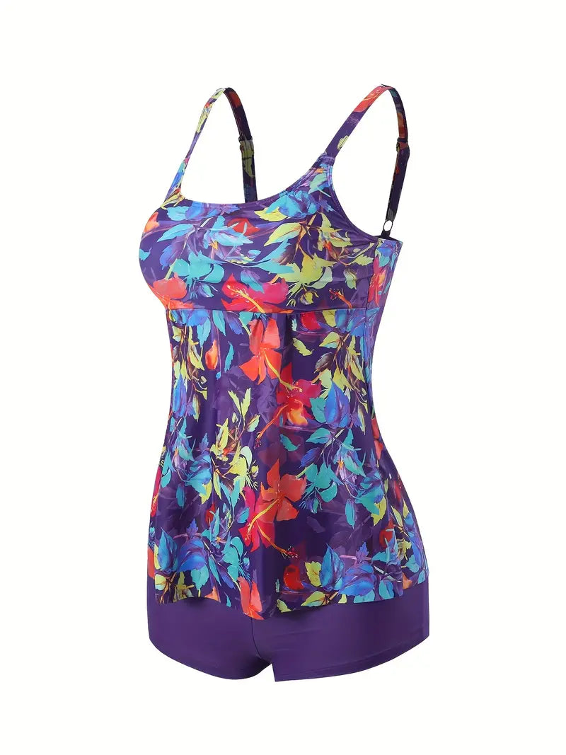 Colorful Digital Pattern Tankini Sets, Boxer Shorts Stretchy Tummy Cover Two Piece Swimsuit
