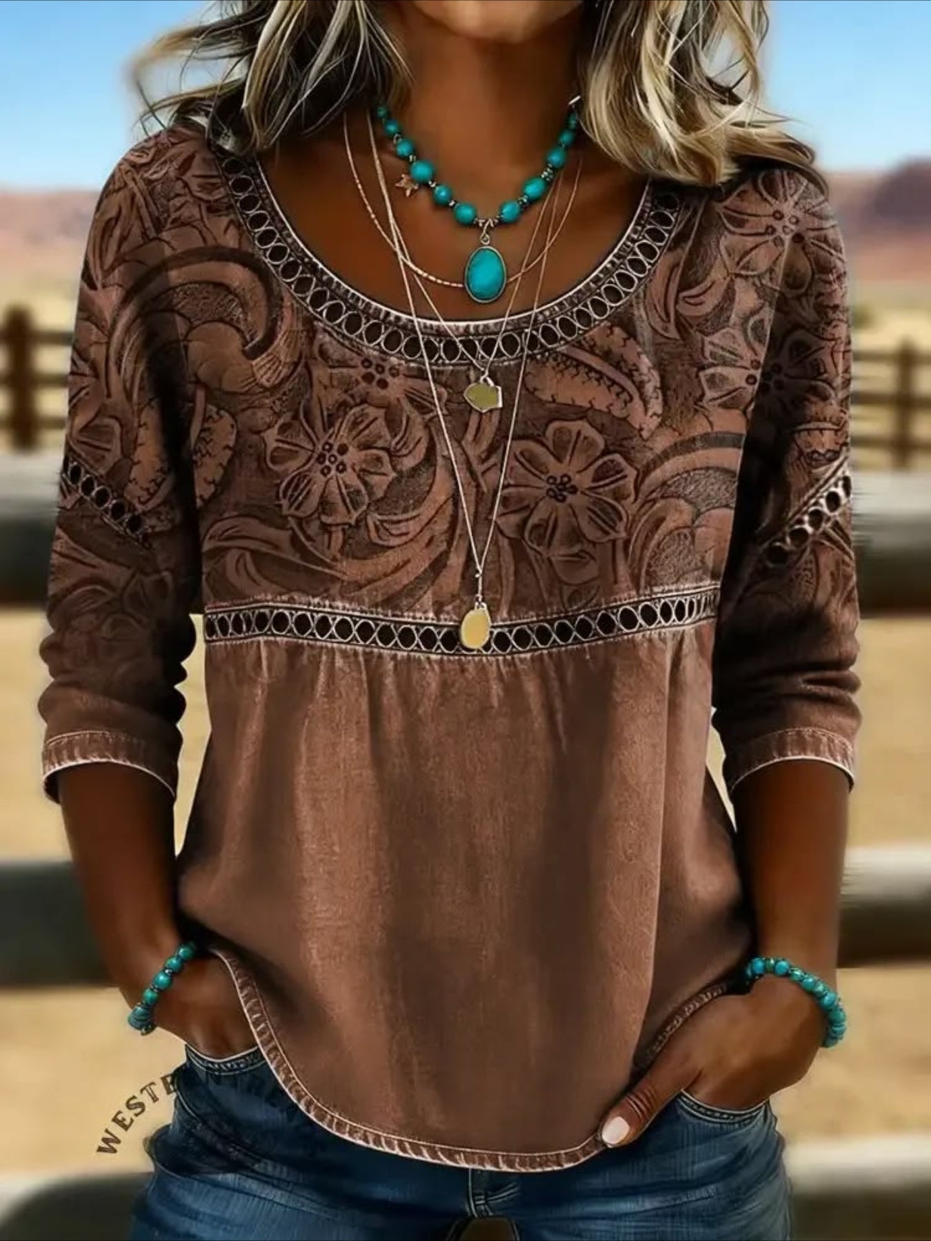 Flower Printed Mid Sleeve Pleated Round Neck Top