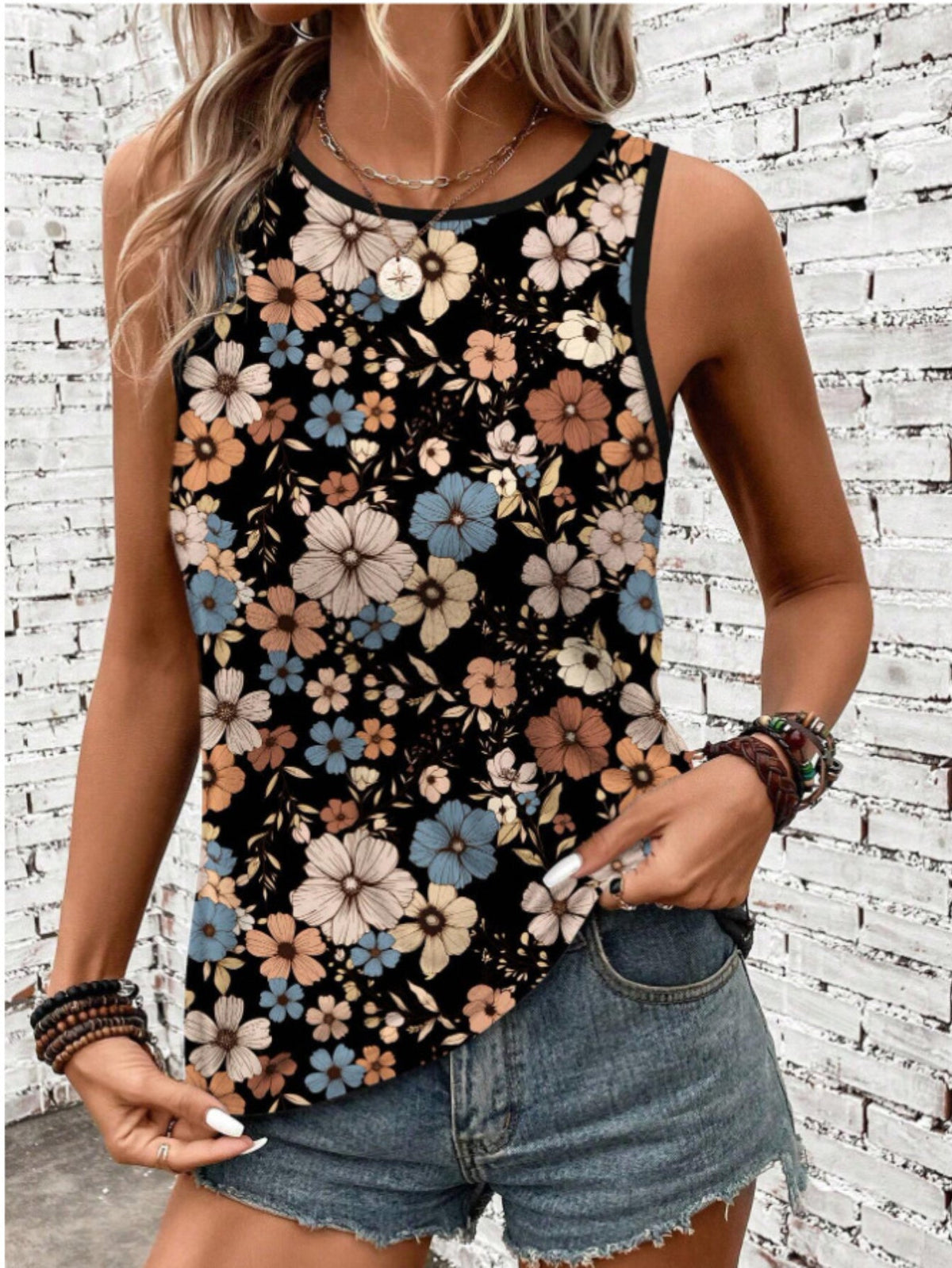 Casual Retro Floral Pattern Round Neck Tank Top