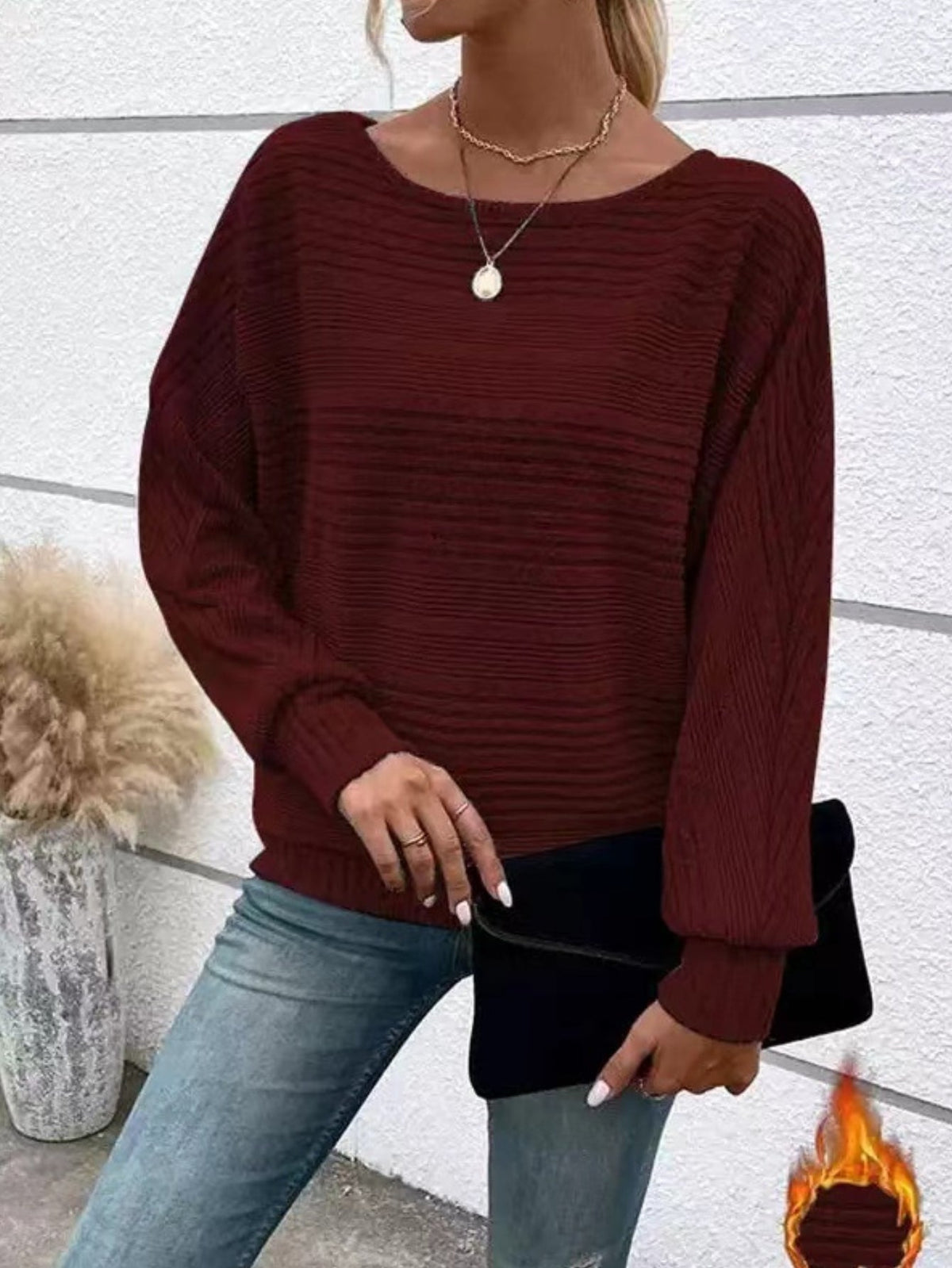 Ribbed Crew Neck T-Shirt, Elegant Long Sleeve T-Shirt