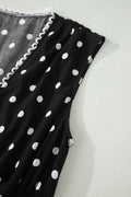 Black Polka Dot Print Contrast Trim V Neck Zip Up Sleeveless Dress