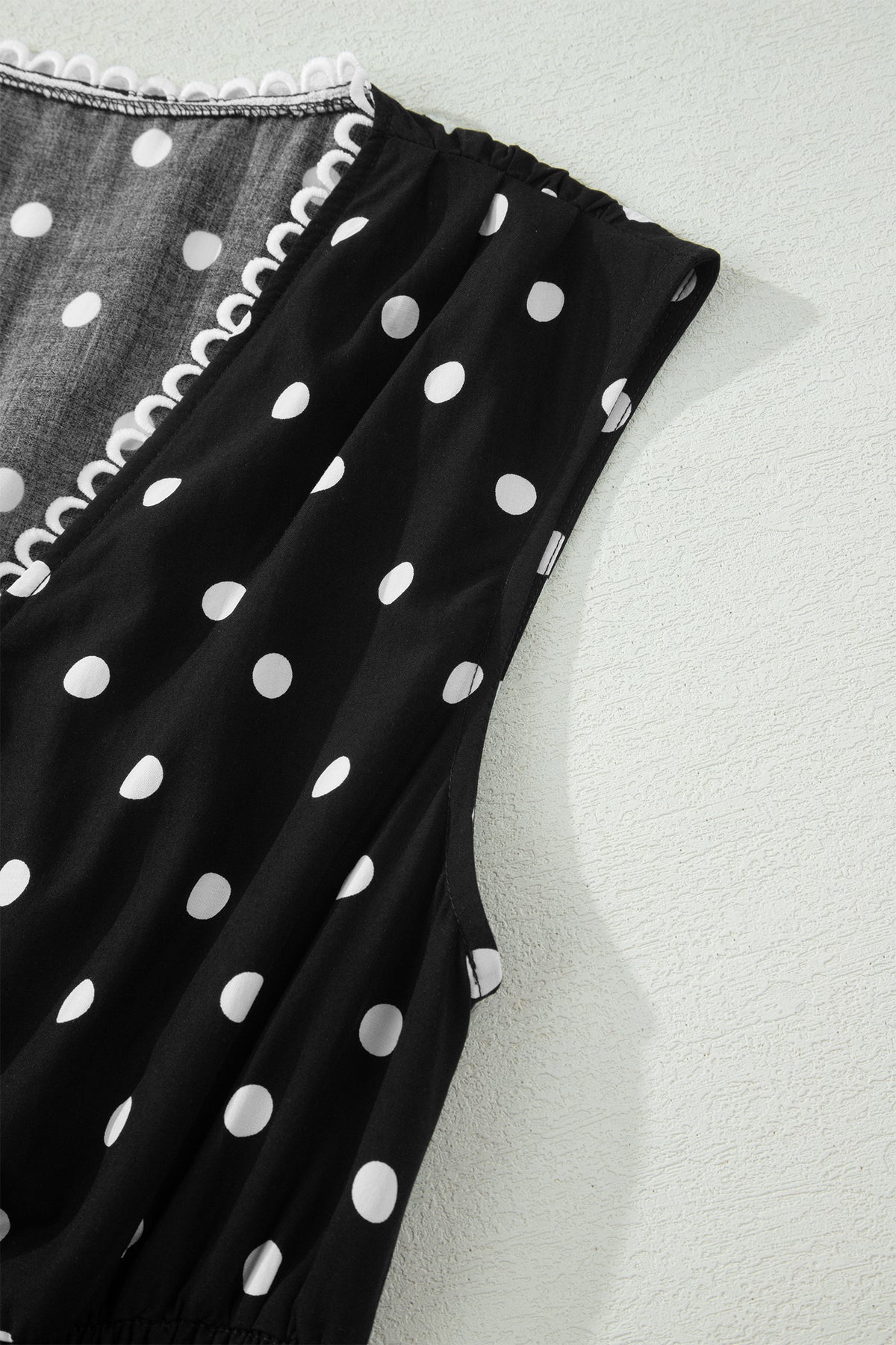 Black Polka Dot Print Contrast Trim V Neck Zip Up Sleeveless Dress