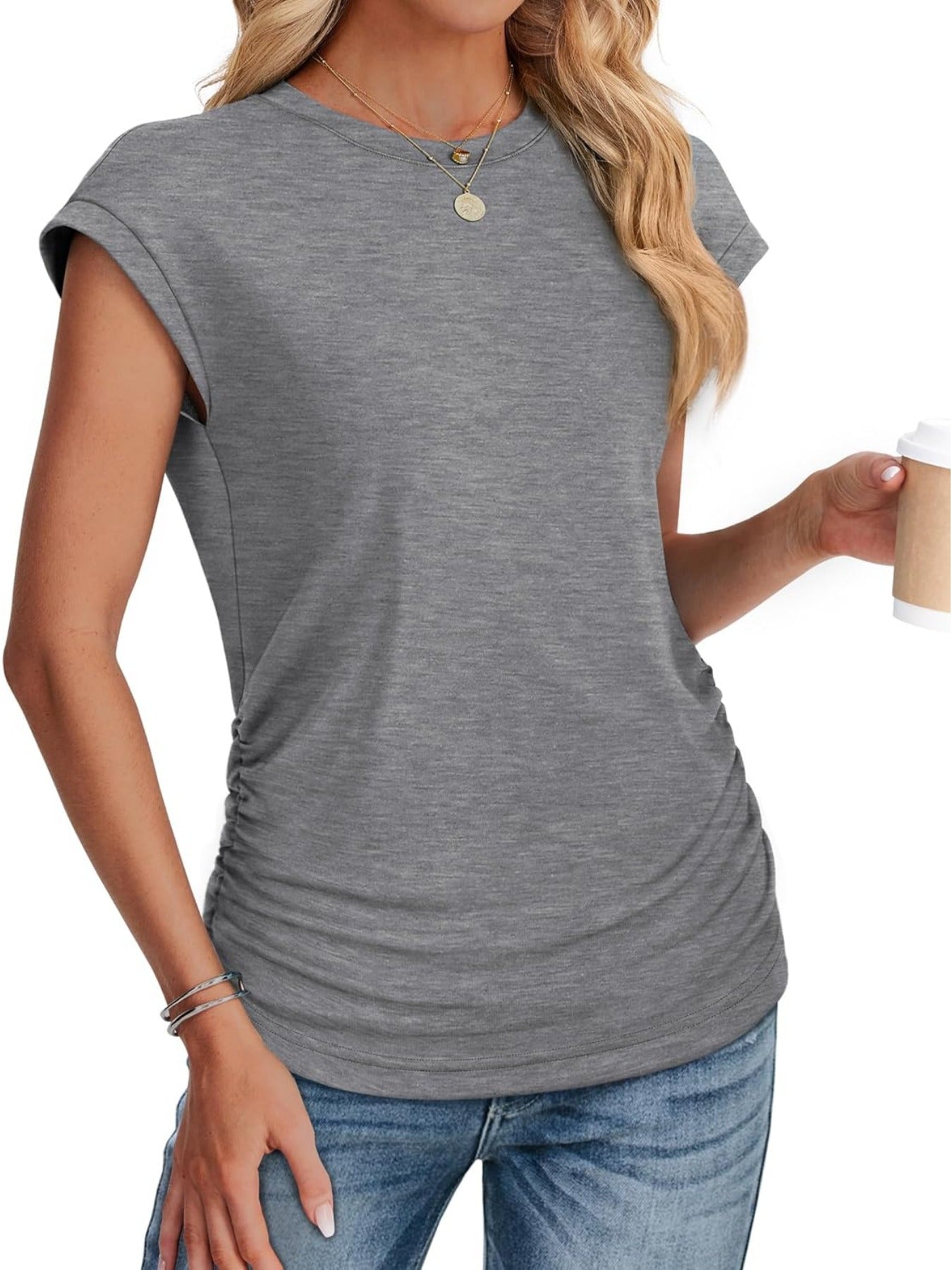 Solid Color Crew Neck Ruched Cap Short Sleeve T Shirts