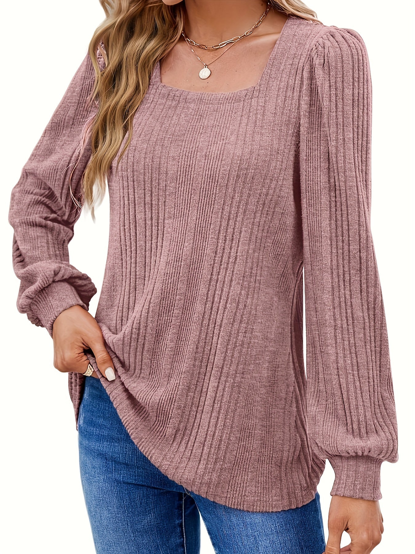 Solid Square Neck Rib Knit Top, Elegant Long Sleeve Sweater