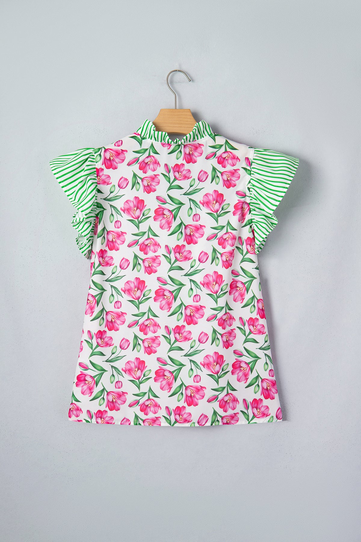 Multicolour Sweet Floral Print Striped Ruffle Trim V Neck Blouse