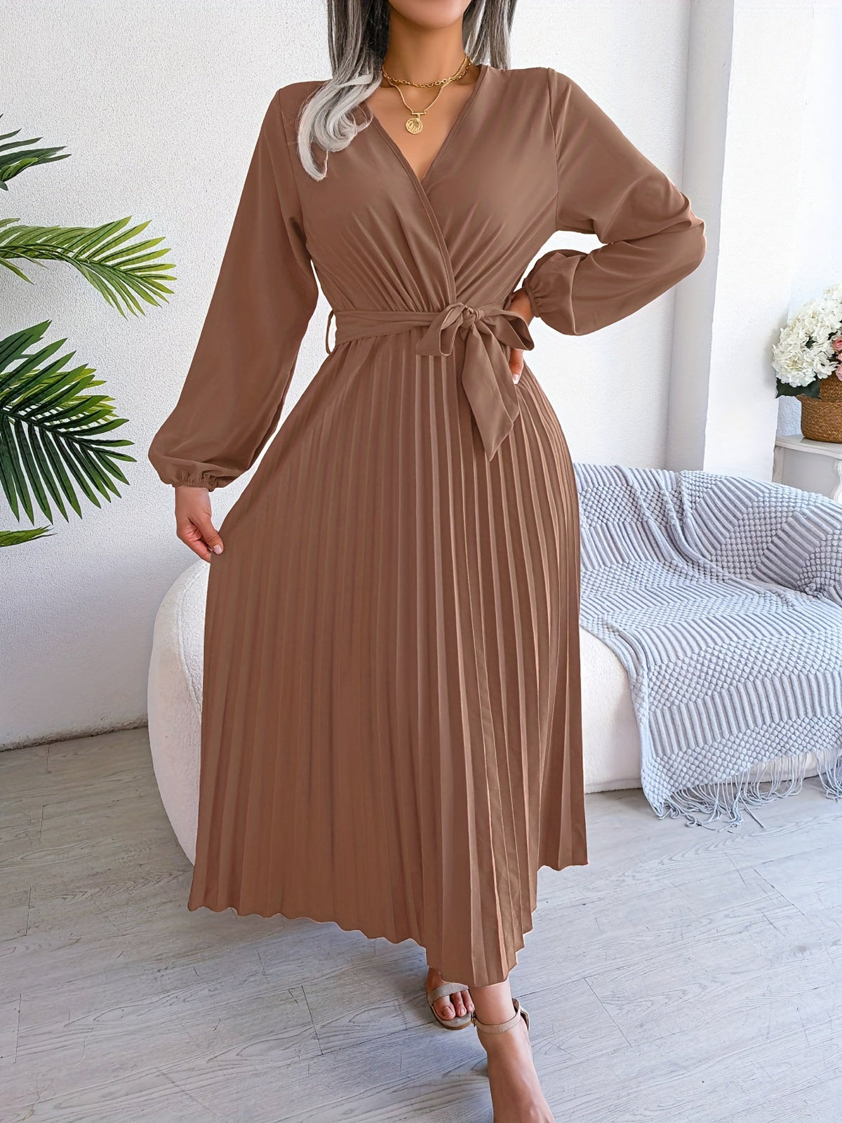 Pleated Surplice Neck Dress, Elegant Long Sleeve Solid Dress, Women's Clothing