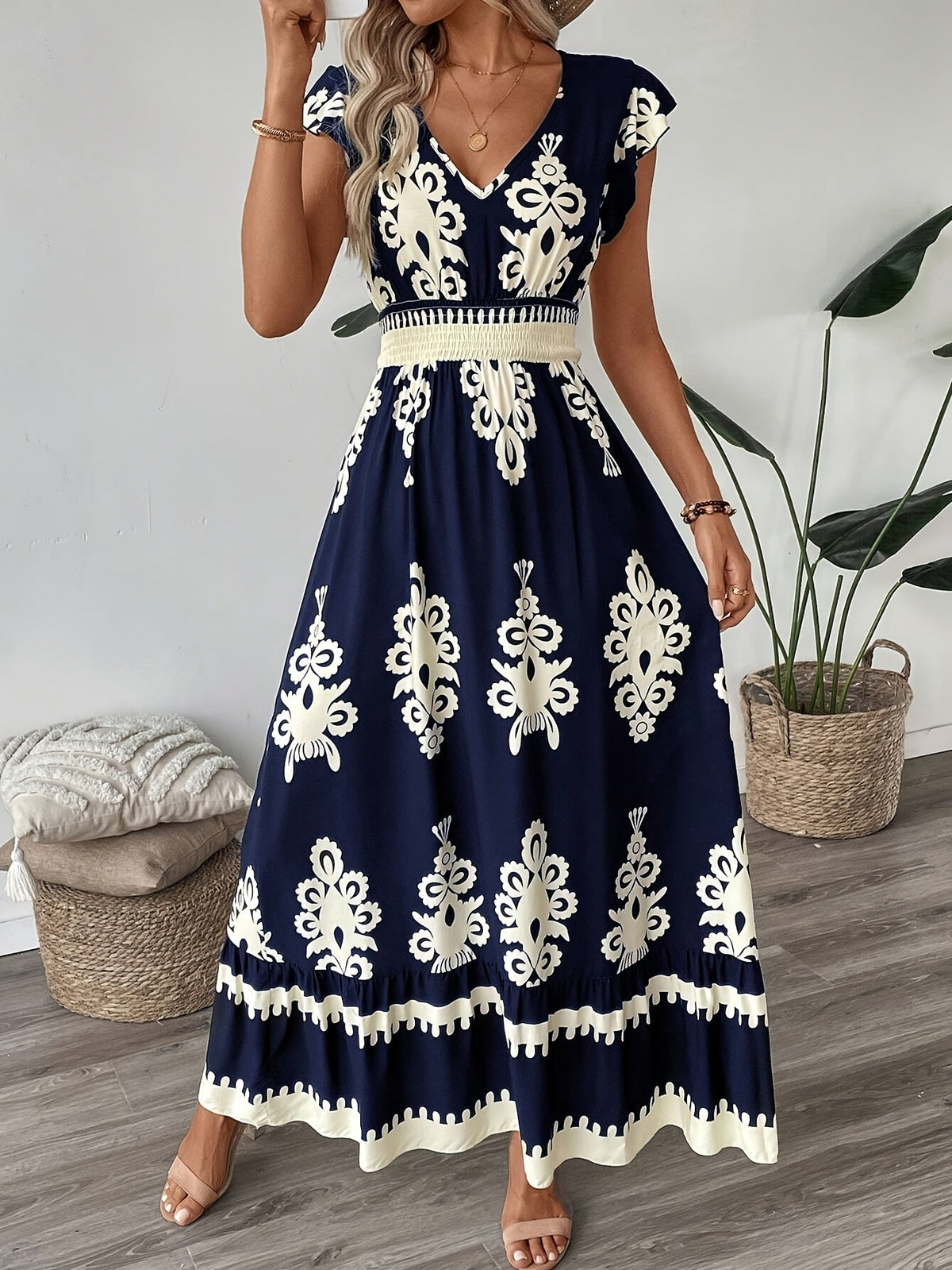 Women's Navy Blue Floral Print V-Neck A-Line Dress with Ruffled Cap Sleeves