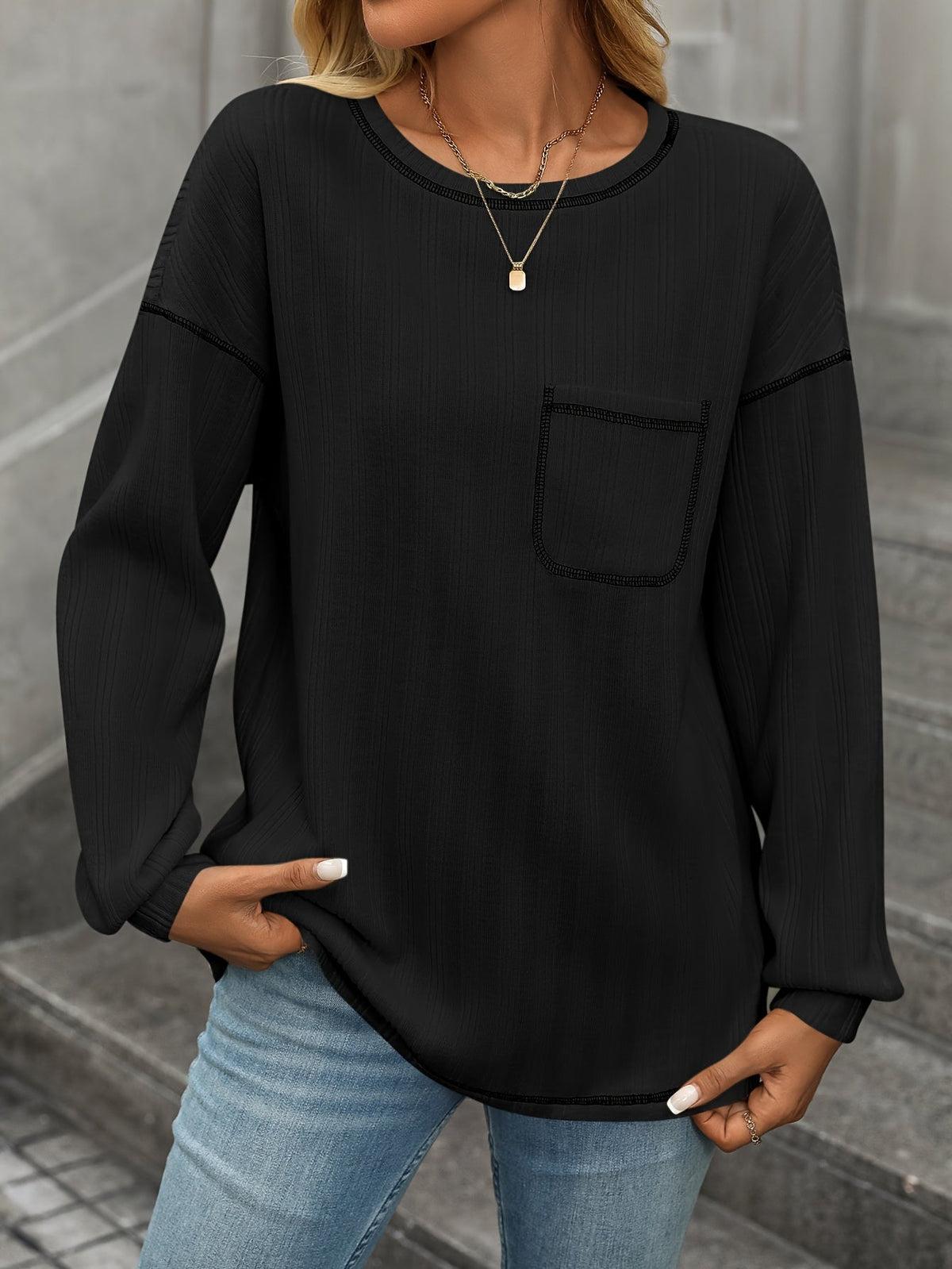 Long Sleeve Shirts Solid Crewneck Knitted Loose Fit Pullover Shirts Tops