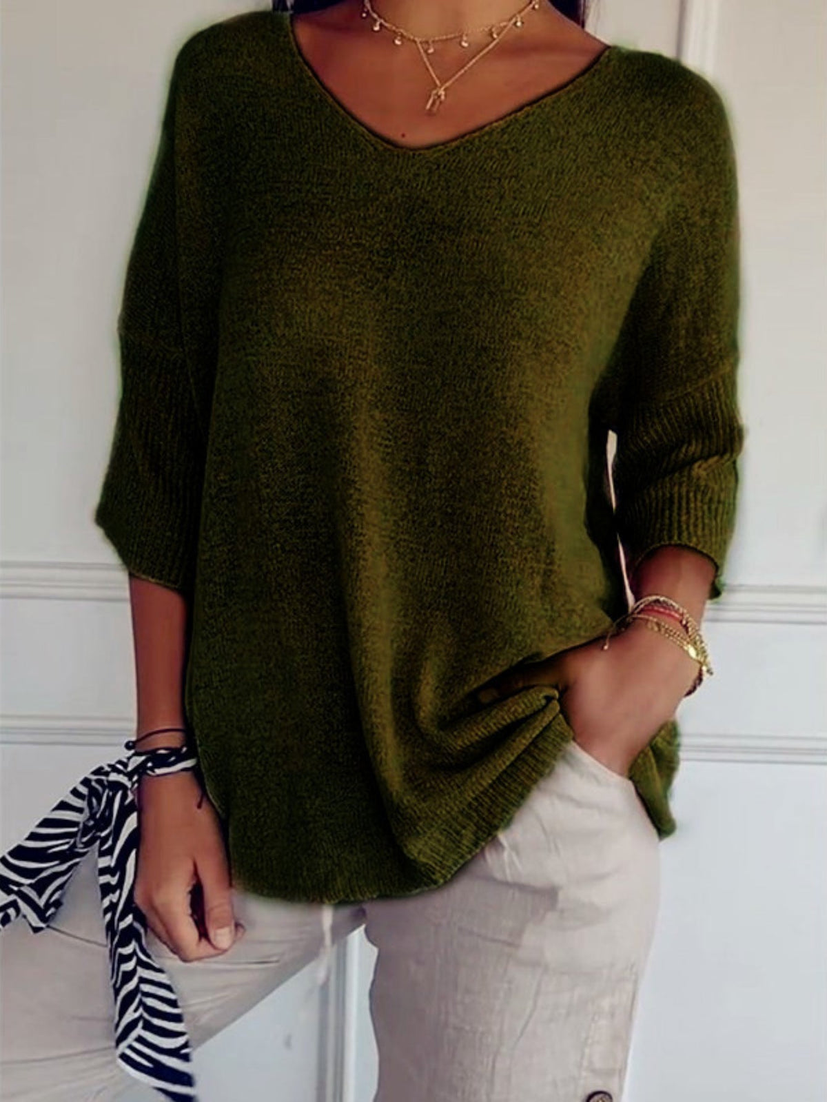 Cozy V Neck Pullover Three-Quarter Sleeve Knitted Sweater