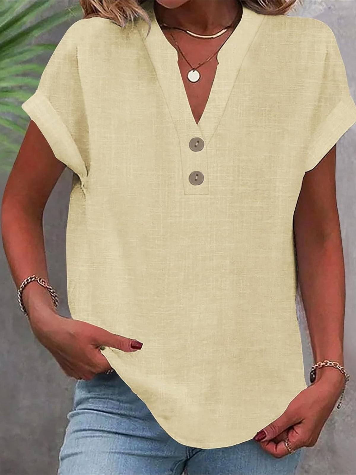 Solid Color V Neck Short Sleeve Button Down T Shirts