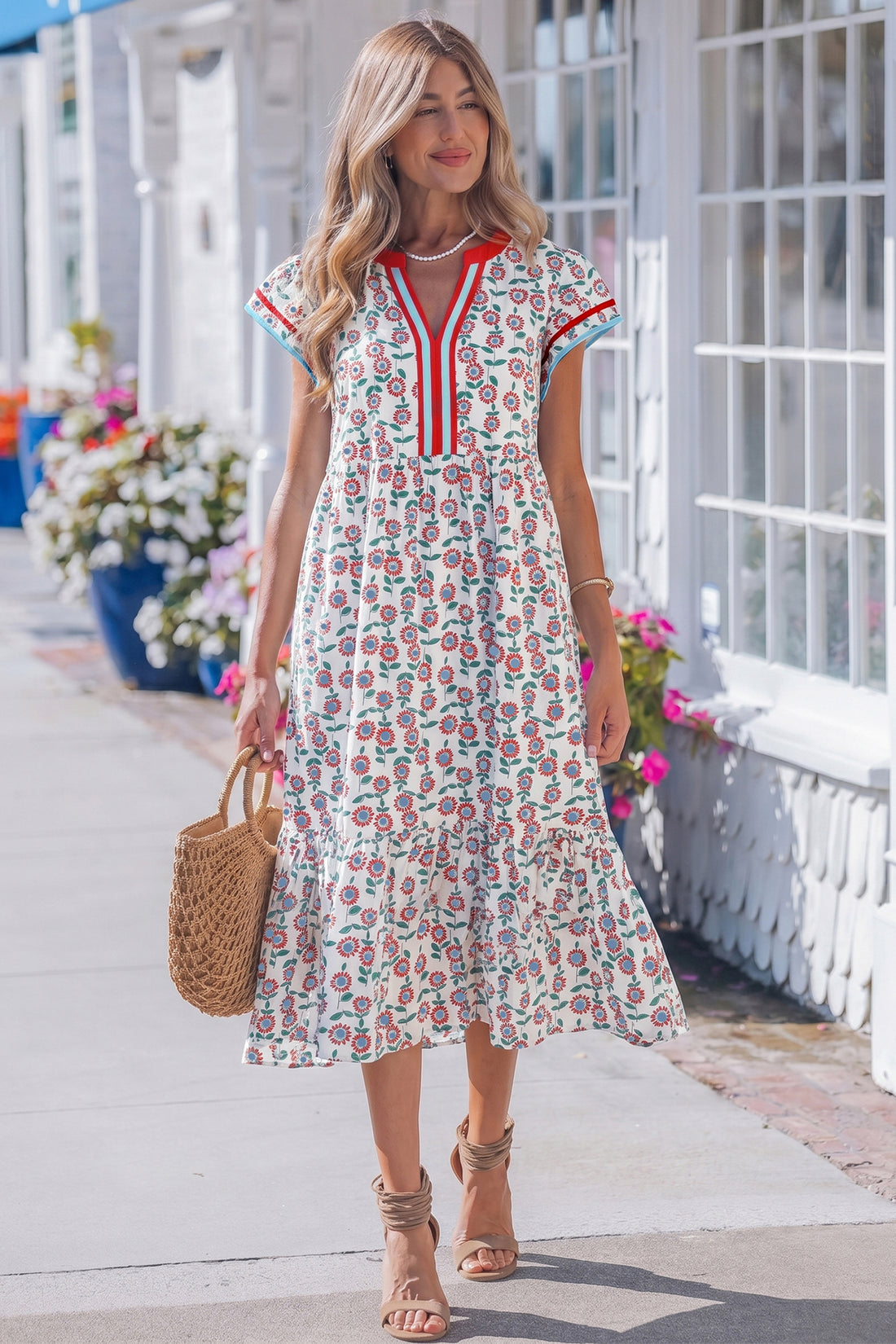 Red Cute Sunflower Printed Striped Patchwork Trim Flutter Sleeve Long Dress