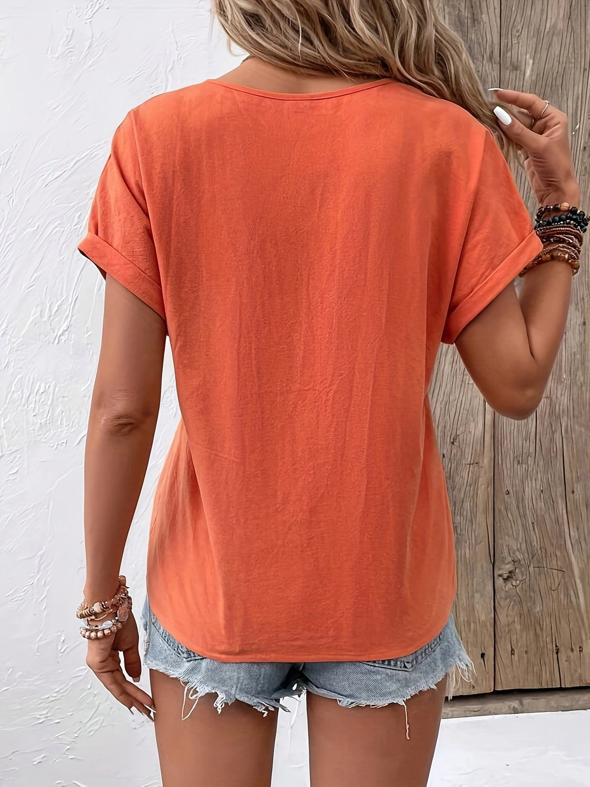 Elegant V-Neck Short Sleeve Button Detail Blouse