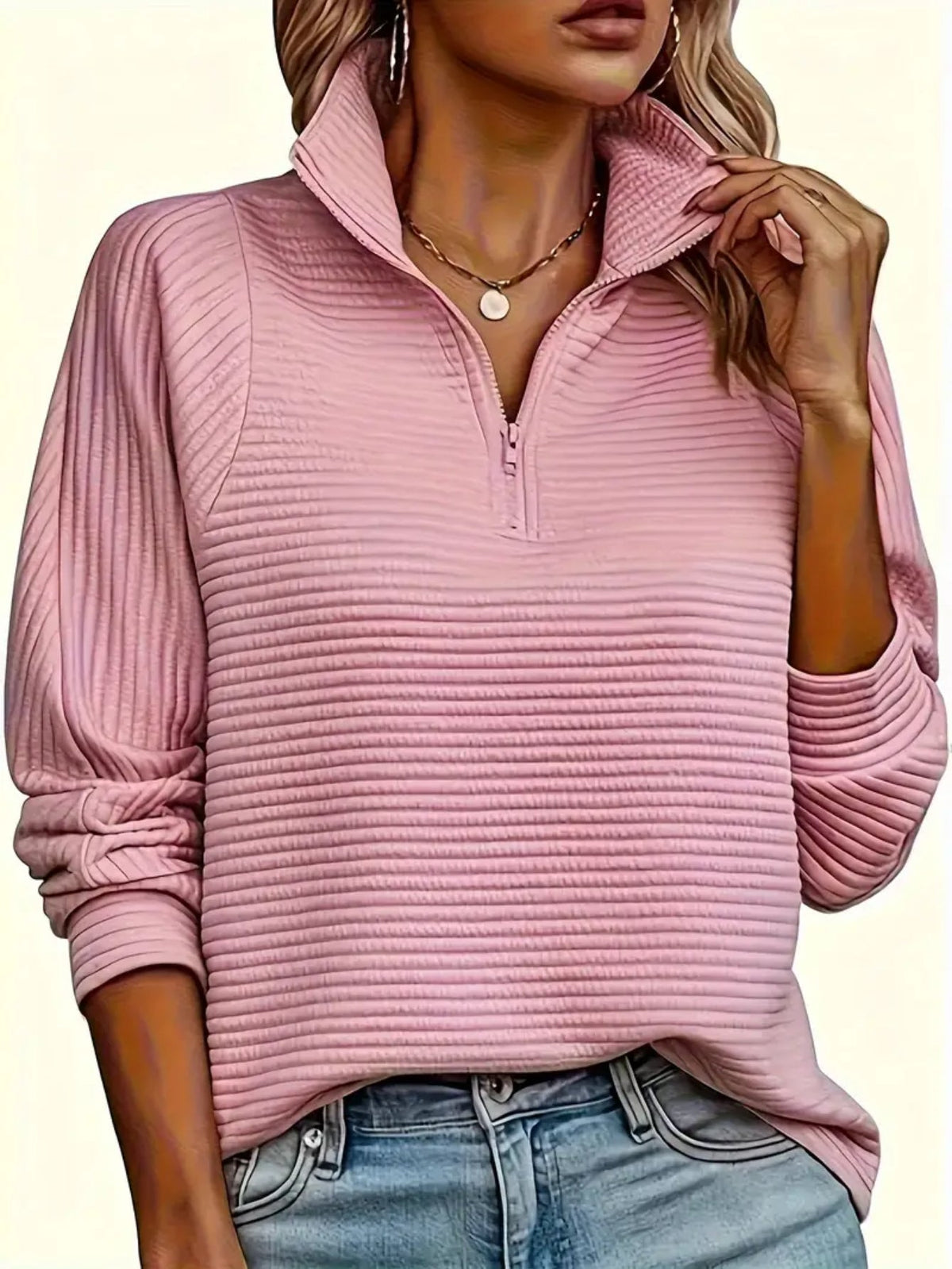 Long Sleeve Solid Color Funnel Neck Zipper Textured Sweatshirt - Soft Non-Stretch Polyester Fabric, Regular Fit, Half Placket, Casual Style