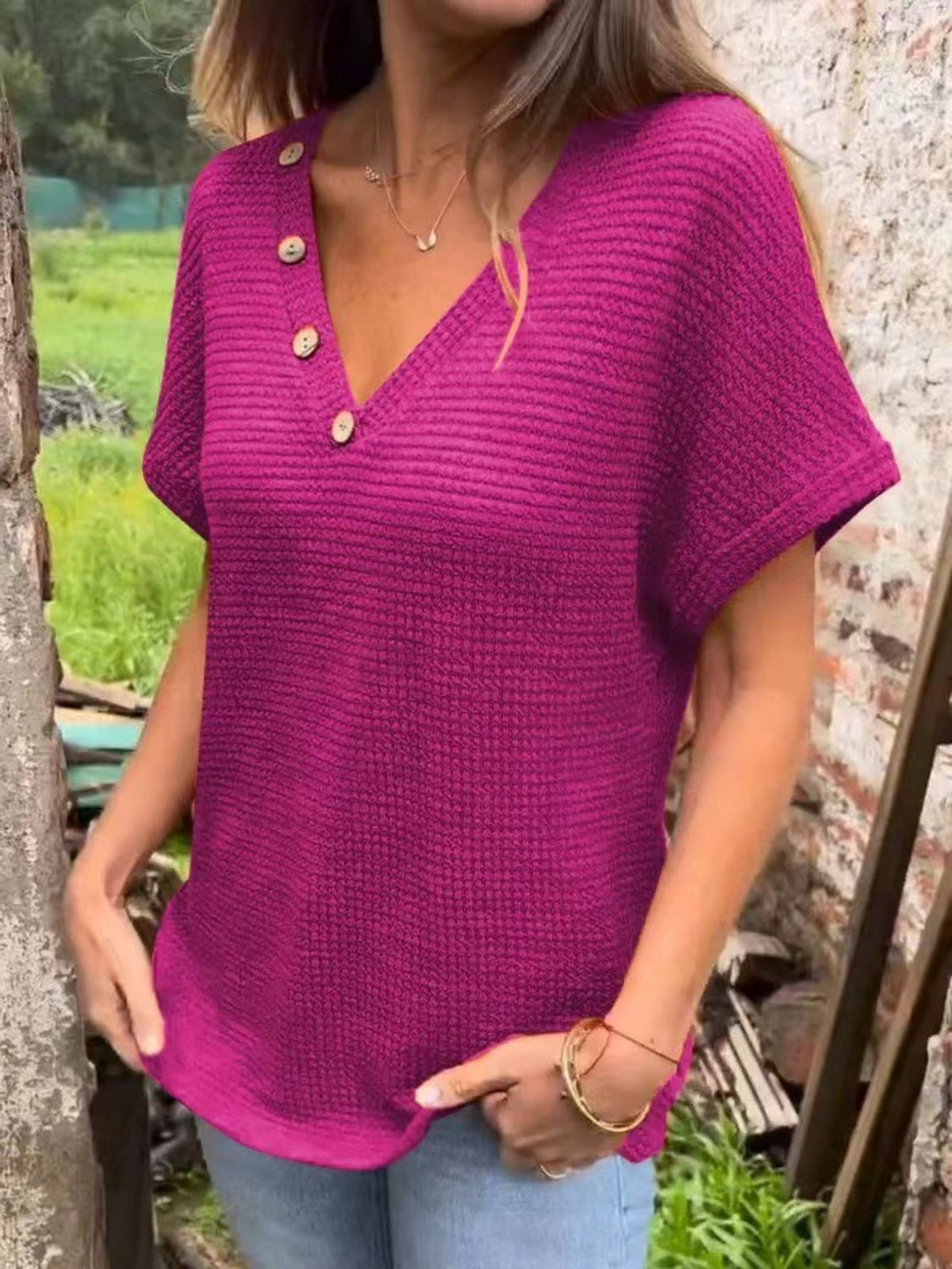 Elegant V-Neck Solid Waffle Tunic - Versatile Short Sleeve Women's Top